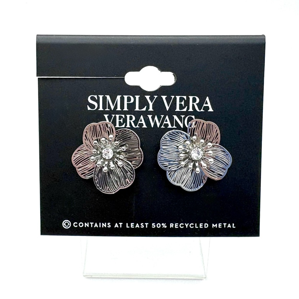 New “Simply Vera” Vera Wang Silver Rhinestone Flower Earrings